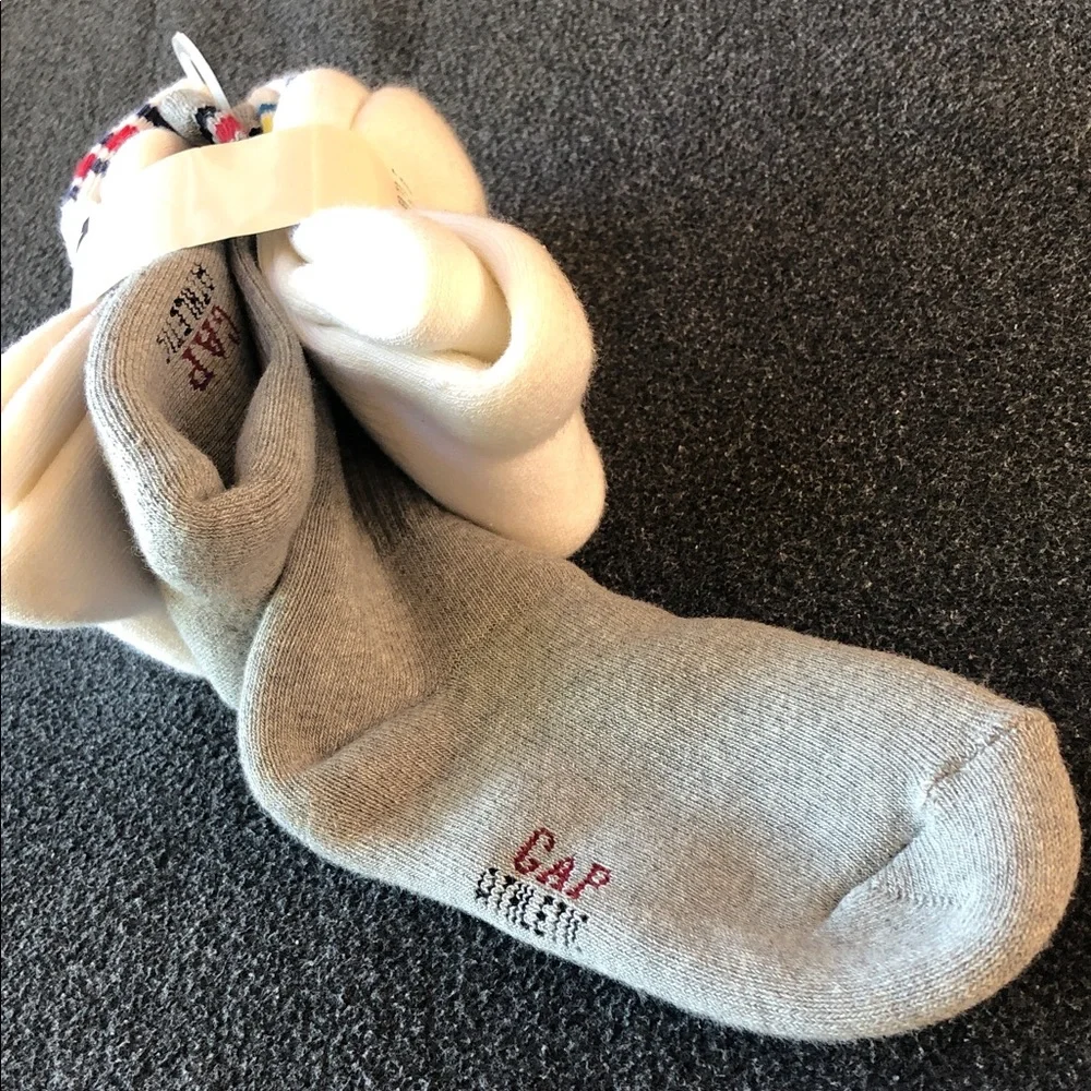 GAP Kids Varsity Athletic Crew White Gray Socks 3-Pair Set Size L (Shoe Sz 3-4)
